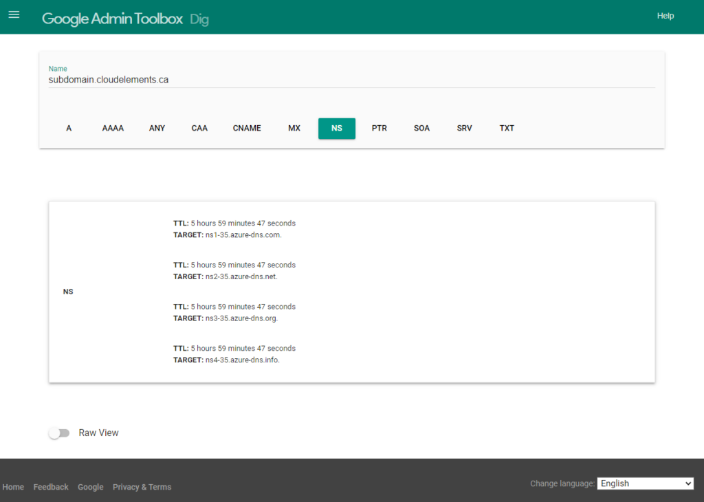 Google admin tool dig for DNS record lookup